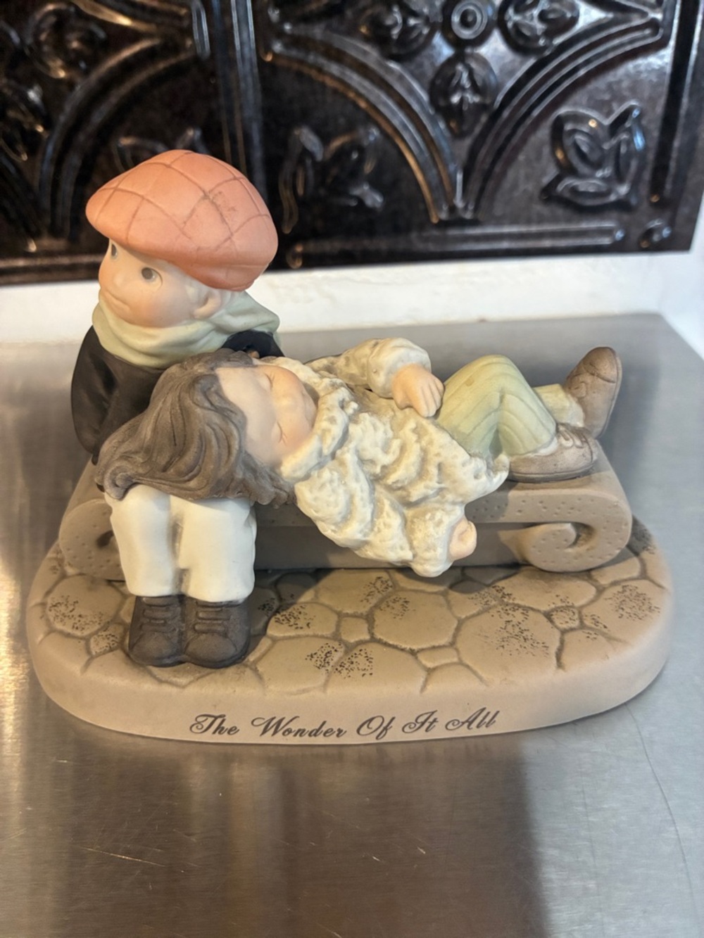 Ceramic Figurine 'The Wonder Of It All' - Children on Bench, Beige & Peach